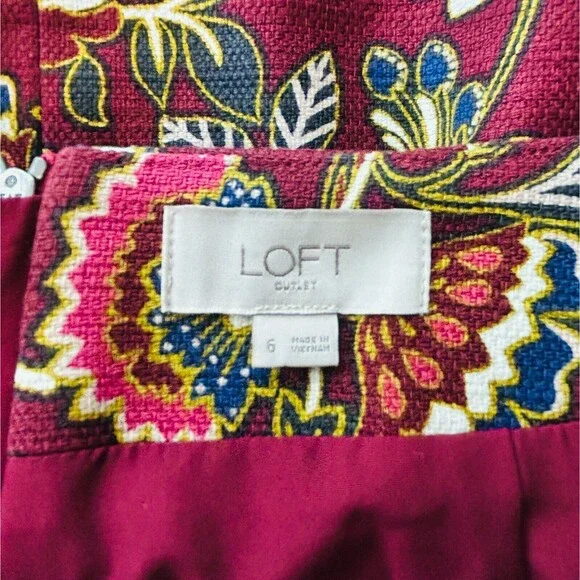 Ann Taylor Skirt 6 Burgundy White Bold Floral Linen Texture Cotton Stretch - Picture 7 of 7